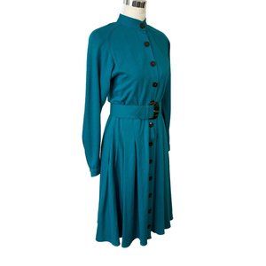 Bentley Harris Wool Long Sleeve Dress Vintage 1980s Teal Blue Made in USA